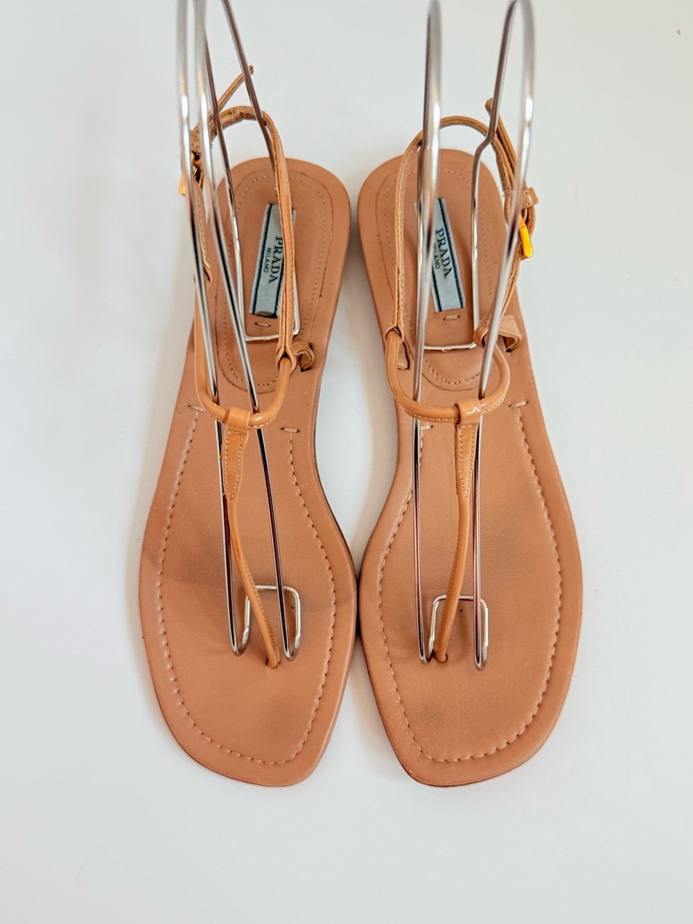 Prada Nude Patent Leather T-Strap Flat Sandals Square Toe Ankle Strap EU 38.5